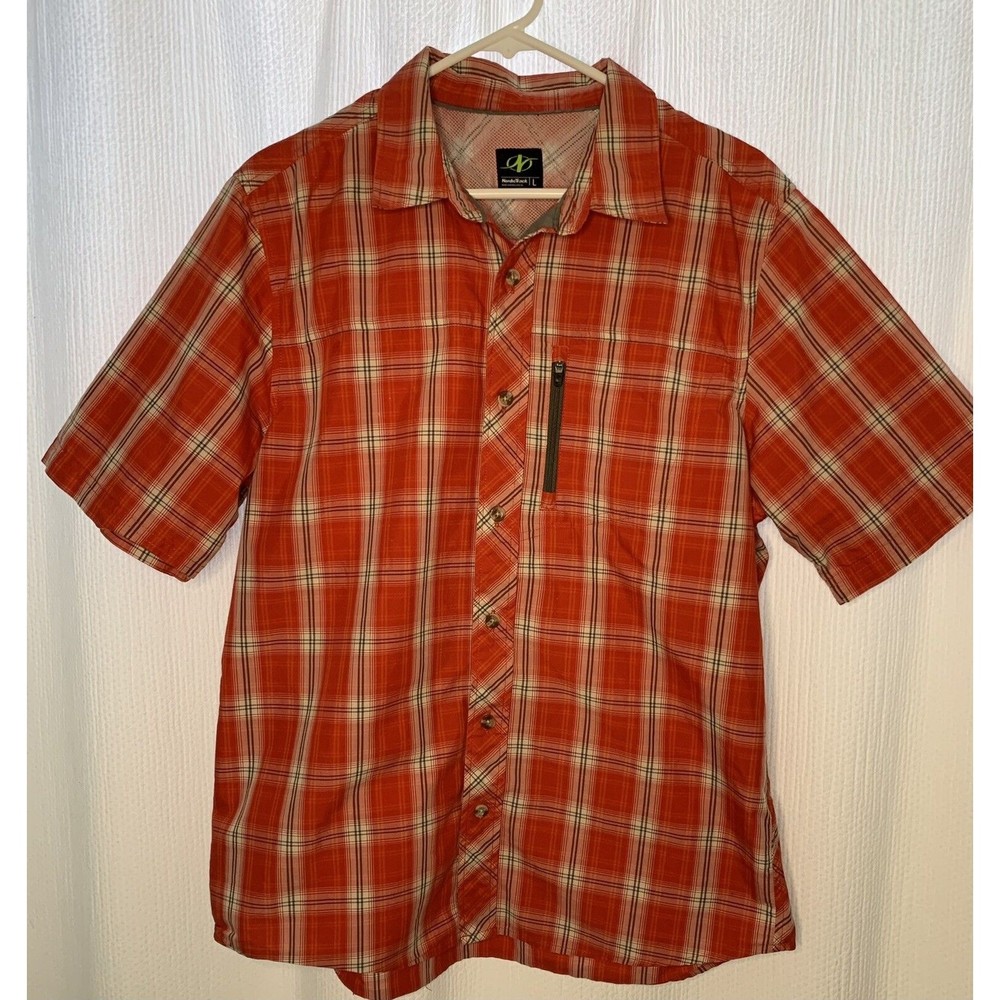 Nordic Track Mens Large Outdoors Short Sleeve Button Shirt Zipper Chest Pocket